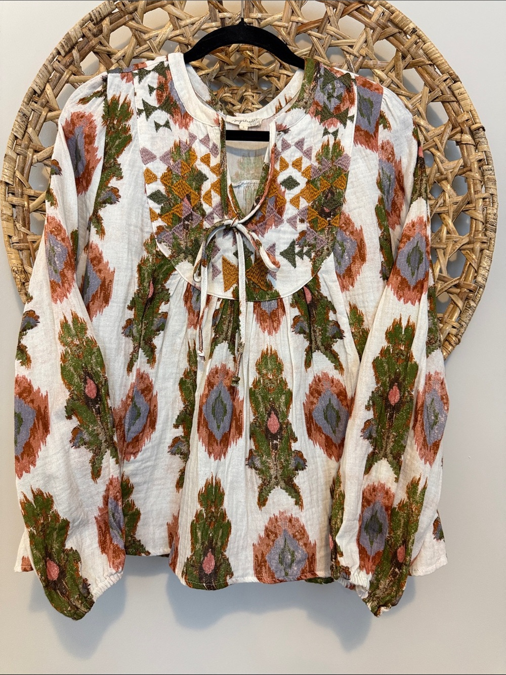 Mystree Boho Tie-Neck Peasant Tunic in White with Rust & Olive